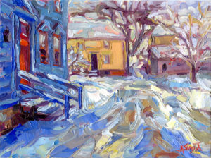 Image of Ana Smyth's oil painting of a very snowy day in New England