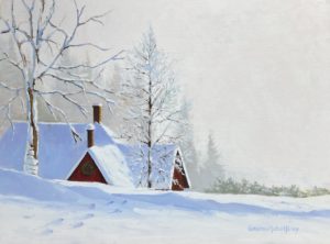 Image of a red house over a hill in snow